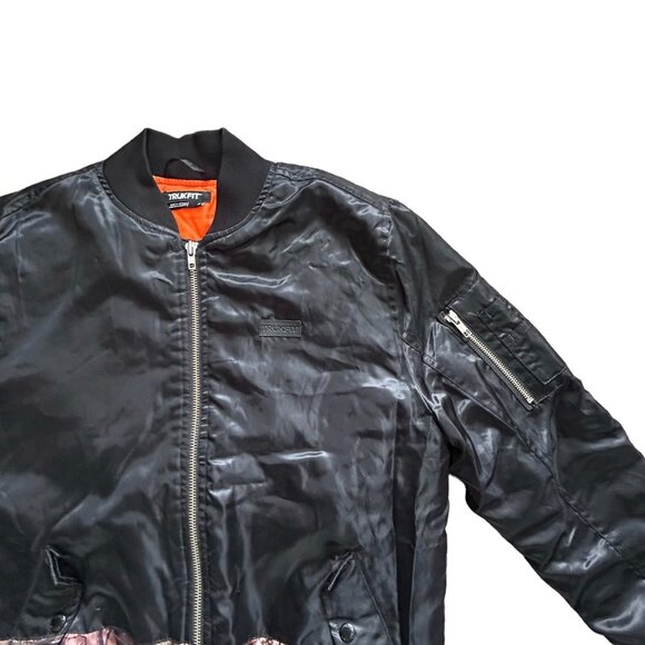 Trukfit Jacket Mens S Black Satin Bomber Full Zip Camouflage Outdoor Streetwear - Picture 4 of 15